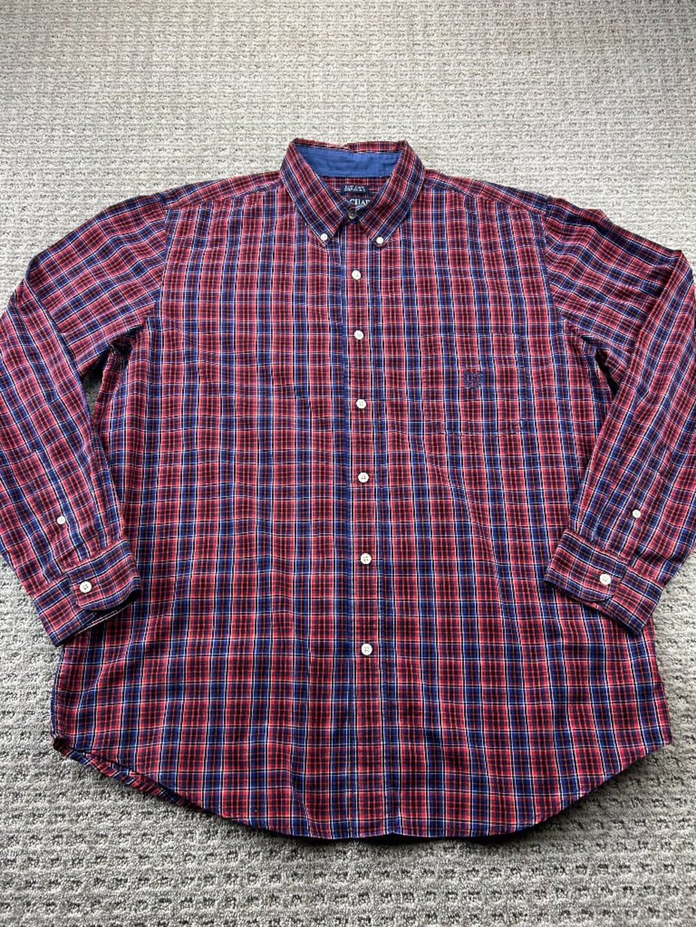 Vintage 90s CHAPS Button Down Shirt Men Extra Large XL Orange Blue Plaid Preppy